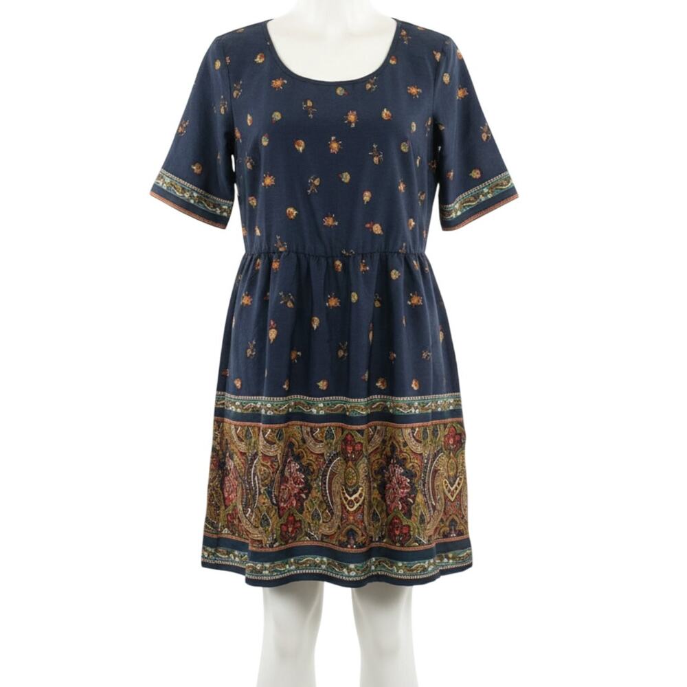 BeBop Dress Women Size S Navy Blue Paisley Floral Short Sleeve Boho Festival